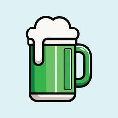 Stylized green beer mug with overflowing white foam on light blue background