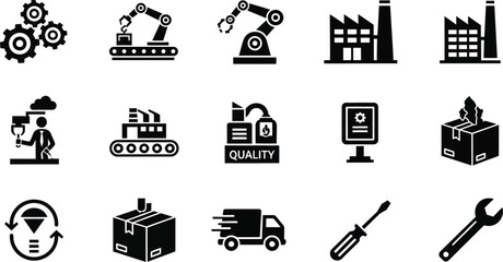 Fototapeta premium A collection of black and white icons depicting manufacturing processes and industrial equipment and tools