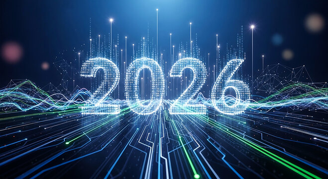 The year 2026 displayed in glowing digital numbers against a futuristic abstract background of blue and green light trails and data streams, representing technology and future progress - Powered by Adobe