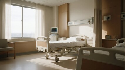 A clean and bright hospital room with empty beds and medical equipment, featuring a window letting in natural light.