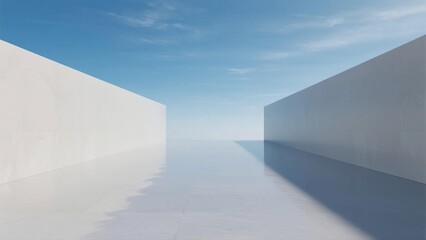 A minimalist architectural scene with two parallel white concrete walls and a reflective floor under a clear blue sky, emphasizing symmetry and geometric form.