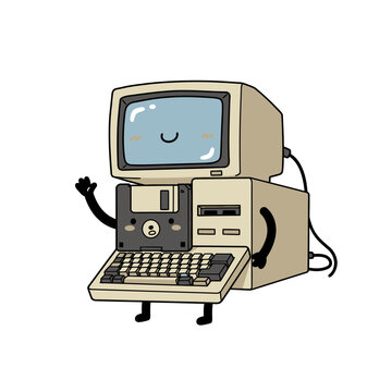 A cheerful, retro computer with a floppy disk drive and a smiling screen, waving hello with its animated arm.