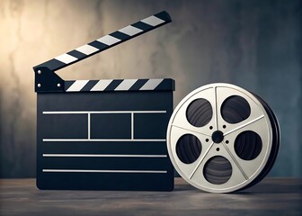 Film clapperboard and reel on a wooden surface, representing the movie industry, entertainment, video production, and the collaborative art of cinema