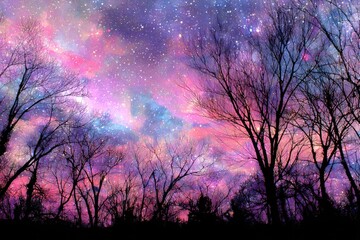 Fototapeta premium Silhouettes of bare trees against a vibrant night sky filled with colorful nebulae
