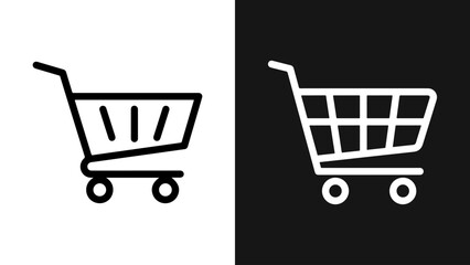 Black and white shopping cart icon vector illustration. E-commerce, retail, and online shopping symbol in flat line art style for web and app design.
