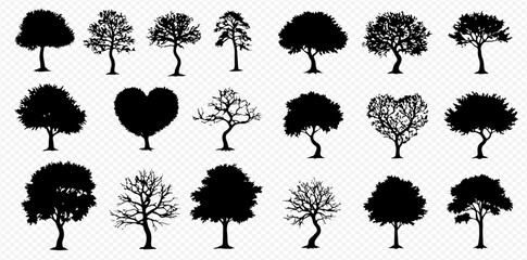 A diverse collection of black tree silhouettes, including leafy, bare, and stylized heart-shaped trees, arranged in a grid.