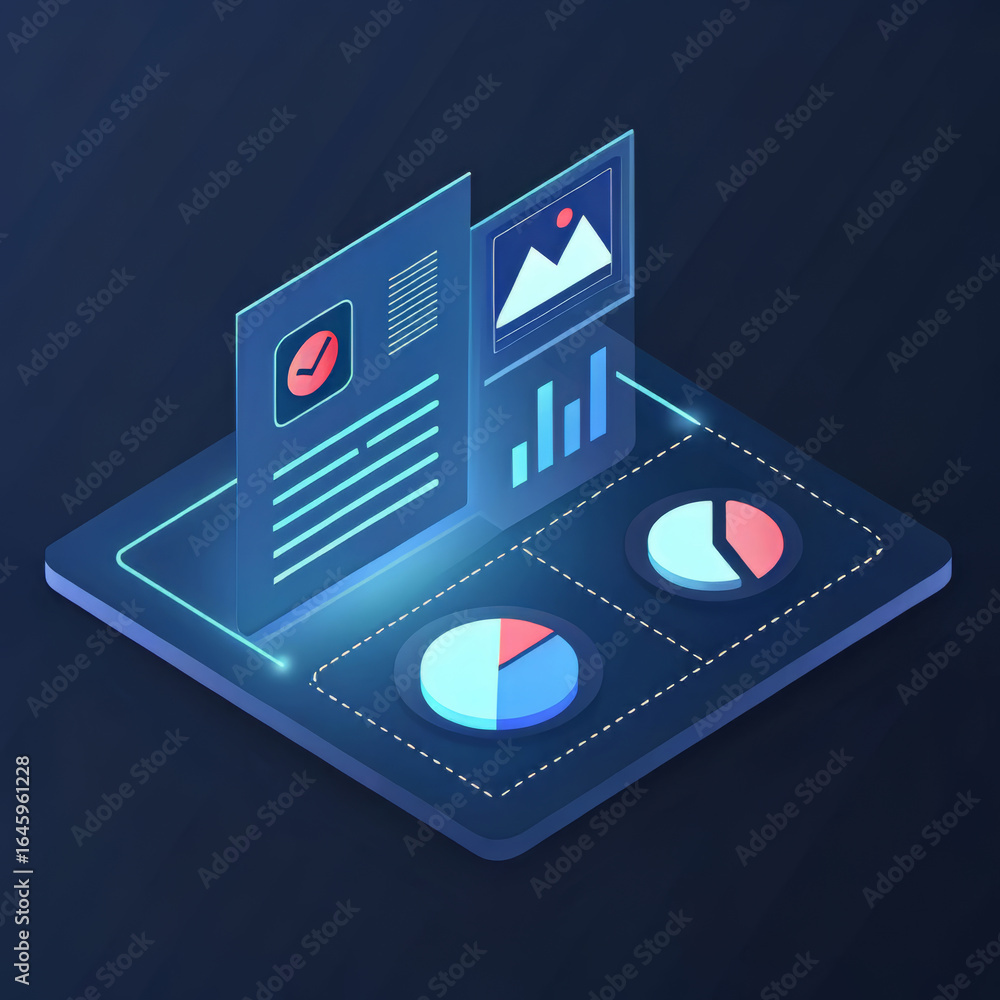 Poster isometric digital dashboard showcasing financial reports, analytics charts, and data visualization f