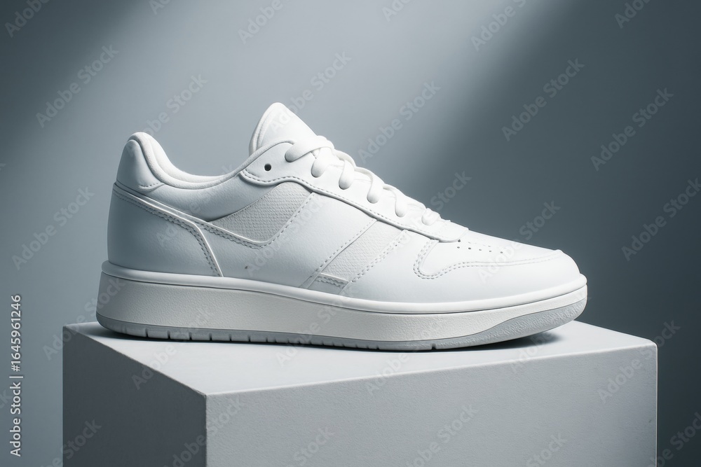 Poster minimal white sneaker mockup on clean display pedestal with soft spotlight and gradient background f