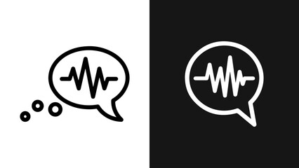 Vector illustration of speech bubble icons with sound wave symbol, representing voice, audio, or thought, in contrasting black and white minimalist design.