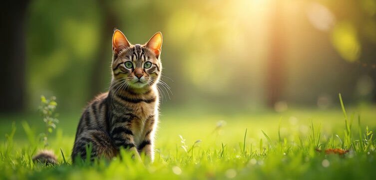 Tabby cat with green eyes sits on rich green grass in a park. Sunlight creates a warm glow. The furry feline enjoys a peaceful moment of relaxation outdoors. Domestic pet looks calm and adorable.
