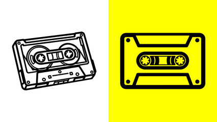 Vector illustration of two retro audio cassette tape icons, one black and white, one black and yellow, ideal for music and vintage technology themes.