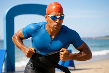 Focused male triathlete transitioning from swim to run on sunny beach during race, wearing wetsuit, cap, and sunglasses with ocean background. Ai generative