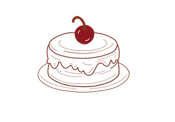 cake with cherry. A simple line drawing of a round cake with icing, topped with a cherry on a plate.