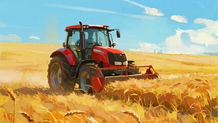 Fototapeta premium A red tractor works in a golden wheat field under a bright blue sky, performing harvesting or tilling tasks in a rural agricultural setting.