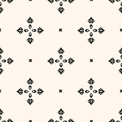 Vector black and white floral seamless pattern. Abstract minimal geometric ornament with flowers in oriental style. Simple monochrome background.