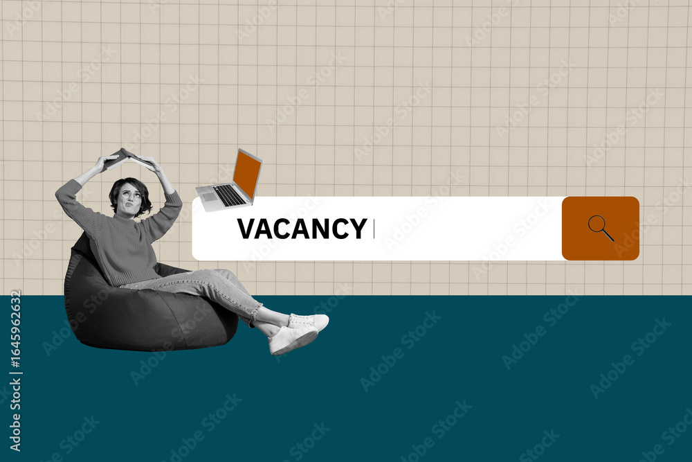 Poster visual abstract collage of person sit hold book browsing vacancy with netbook on pastel background
