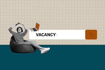 Visual abstract collage of person sit hold book browsing vacancy with netbook on pastel background