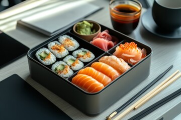 Bento box with sushi rolls and nigiri on modern table setting