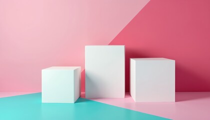 Minimalist display featuring three white geometric pedestals on vibrant pink, blue background. Clean, simple layout with abstract pastel colors, soft shadows perfect for product presentation,