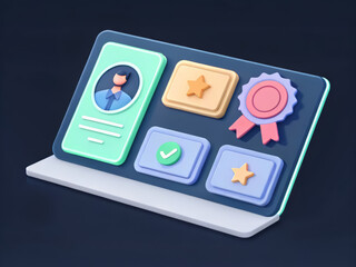 3d illustration of a user profile, award ribbon, and checkmark on a laptop screen, symbolizing achievement and online verification