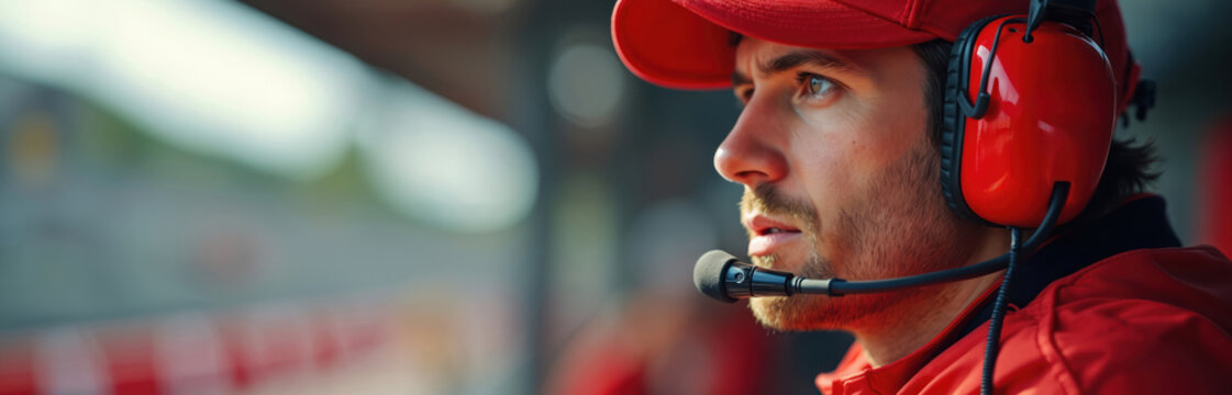 Race car engineer wearing red earphones, headset, focused expression. Professional motorsport team member in action during competition. Close-up portrait shows concentration, strategy, technology on