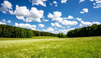 Fototapeta premium Lush meadow, forest, blue sky