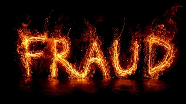 FRAUD in fire font letters - burning type treatment of word or phrase - fraudulent behavior sign concept - flames surround letters text on black background