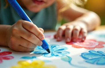 Childs hands drawing colorful flowers with blue marker. Kid creates art at summer camp or kindergarten, learning nature through creativity. Eco-friendly craft concept, bright floral artwork.