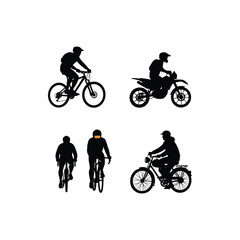 Fototapeta premium Silhouettes of cyclists and motorcyclists on a white background, showcasing various outdoor activities, sports, and transportation modes isolated on white background