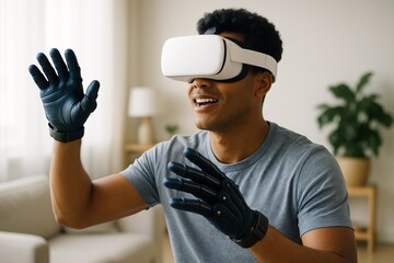 Man using VR headset and haptic gloves interacting with virtual environment in bright home interior background, smiling and engaged in activity. Ai generative