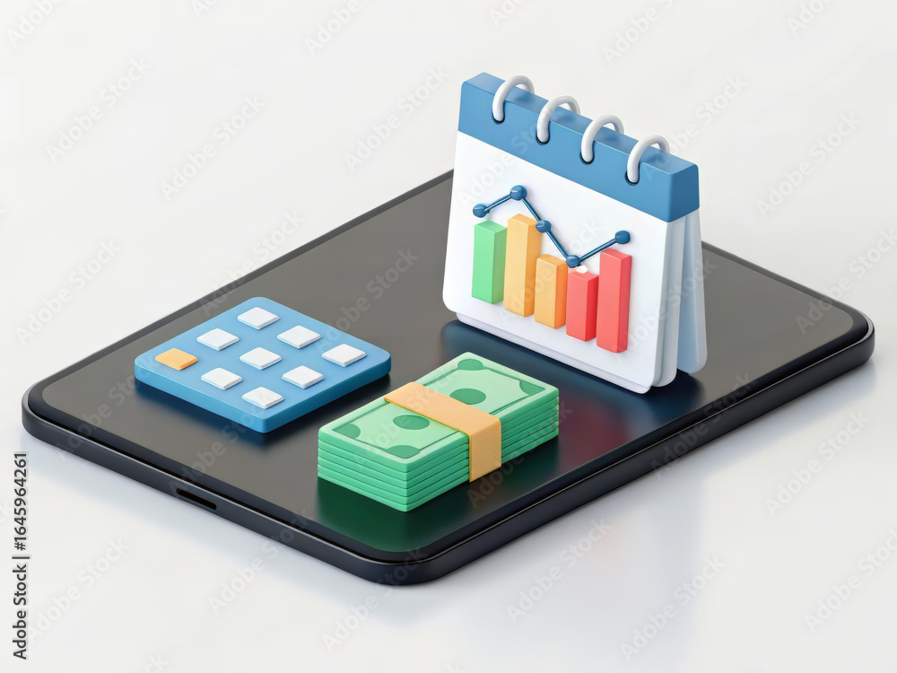 Poster a smartphone displaying 3d icons for finance a calendar, a bar chart with a line graph, and a stack 
