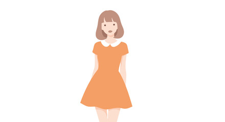 Fototapeta premium Stylish young woman in vibrant orange dress with white collar showcasing feminine elegance and modern fashion