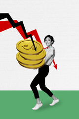 Vertical 3d poster art pop collage of puzzled businesswoman carry dollar coin stack arrow regress statistics usd inflation