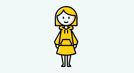 Cute cartoon girl in yellow hoodie with bob haircut, sweet and playful character design illustration