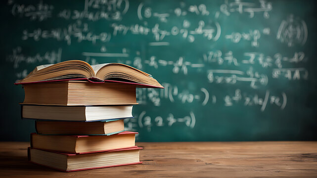 Stack of old books on wooden desk with chalkboard math equations - Powered by Adobe