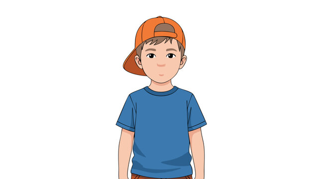 Cute young boy cartoon character wearing trendy backwards baseball cap and casual clothes smiling sweetly