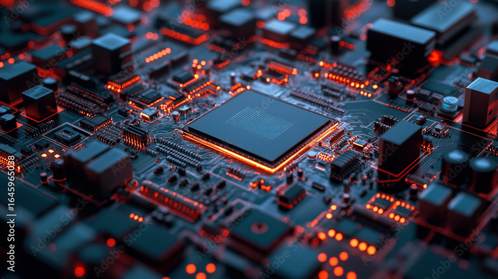 Poster close-up of a computer circuit board featuring intricate design and glowing elements, illustrating t