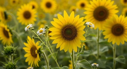 A field of sunflowers with a few daisies interspersed among the yellow petals and green stems in focus