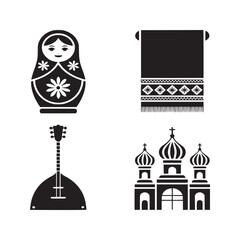 Black and white vector icons of russian nesting doll towel balalaika and saint basil cathedral