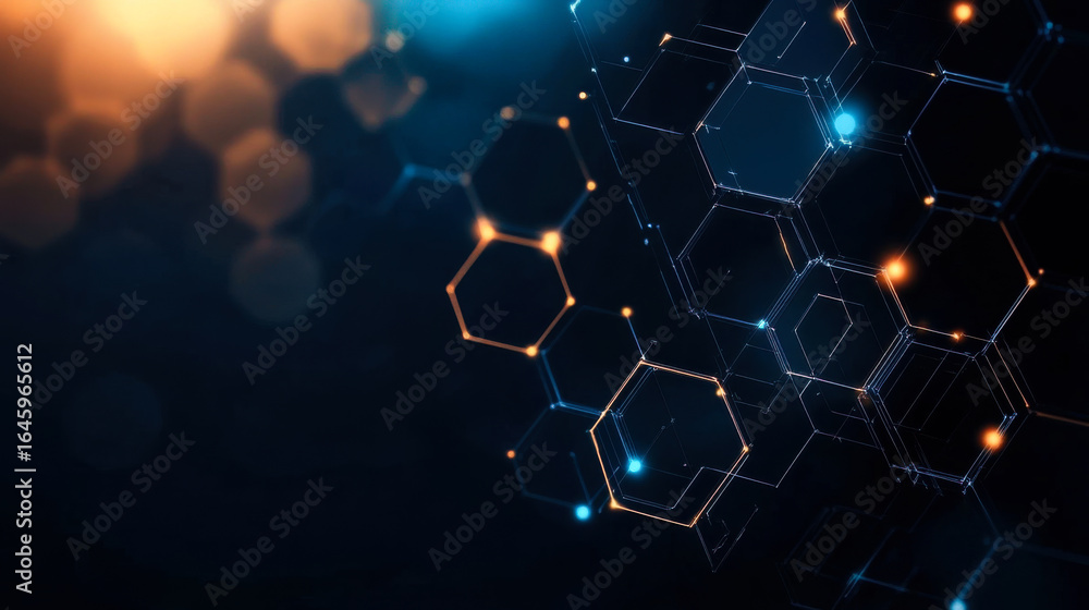 Poster abstract representation of hexagonal shapes illuminated by glowing lights in a digital environment
