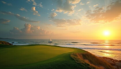 Golf course adjacent to ocean, sailboat drifts on calm sea during golden hour sunset. Coastal landscape features lush green grass, rocky shore, tranquil waves under a warm sky.