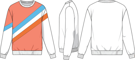 Unisex crewneck sweatshirt fashion flat sketch, coral base with diagonal blue, white, and orange color-block stripes, ribbed cuffs and hem, casual streetwear pullover for everyday wear © Md