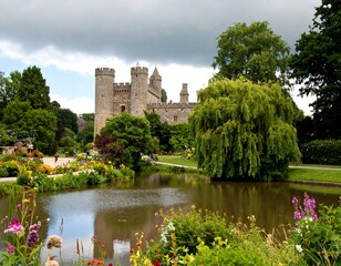 Castle grounds with a pond and colorful flowers