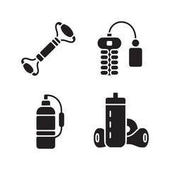 A set of black and white icons featuring a face roller, a weight machine, and fitness equipment set