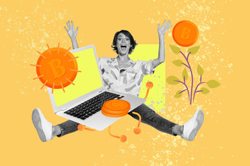 Full image pop contemporary photo collage of happy businessman businesswoman freelancer receive bitcoin coin transaction crypto
