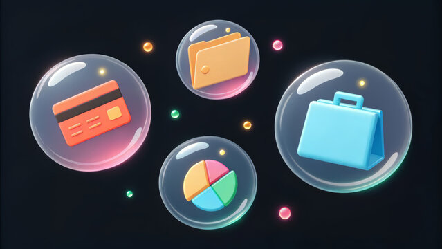 Assortment of 3d app icons within bubbles credit card, folder, pie chart, and briefcase, on a dark background
