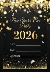 Elegant Gold and Silver New Year's Eve Party Invitation Template 2026:  Sparkling Confetti, Festive Design, Blank Space for Details.