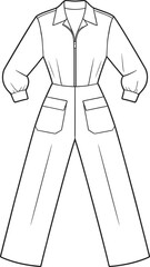 Stylish women's utility jumpsuit with front zipper, long sleeves, wide-leg pants, cargo pockets, fashion sketch, technical flat drawing