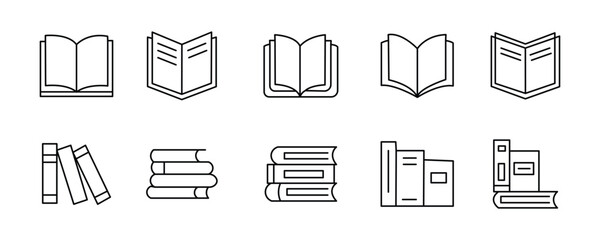 book line icon set vector on white background. books, reading, education, learning, library, knowledge, study, school, literature, open, stack, textbook, icon, symbol.