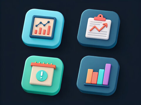Collection of 3d business analytics icons, including charts, reports, and alerts, designed for digital interfaces and presentations